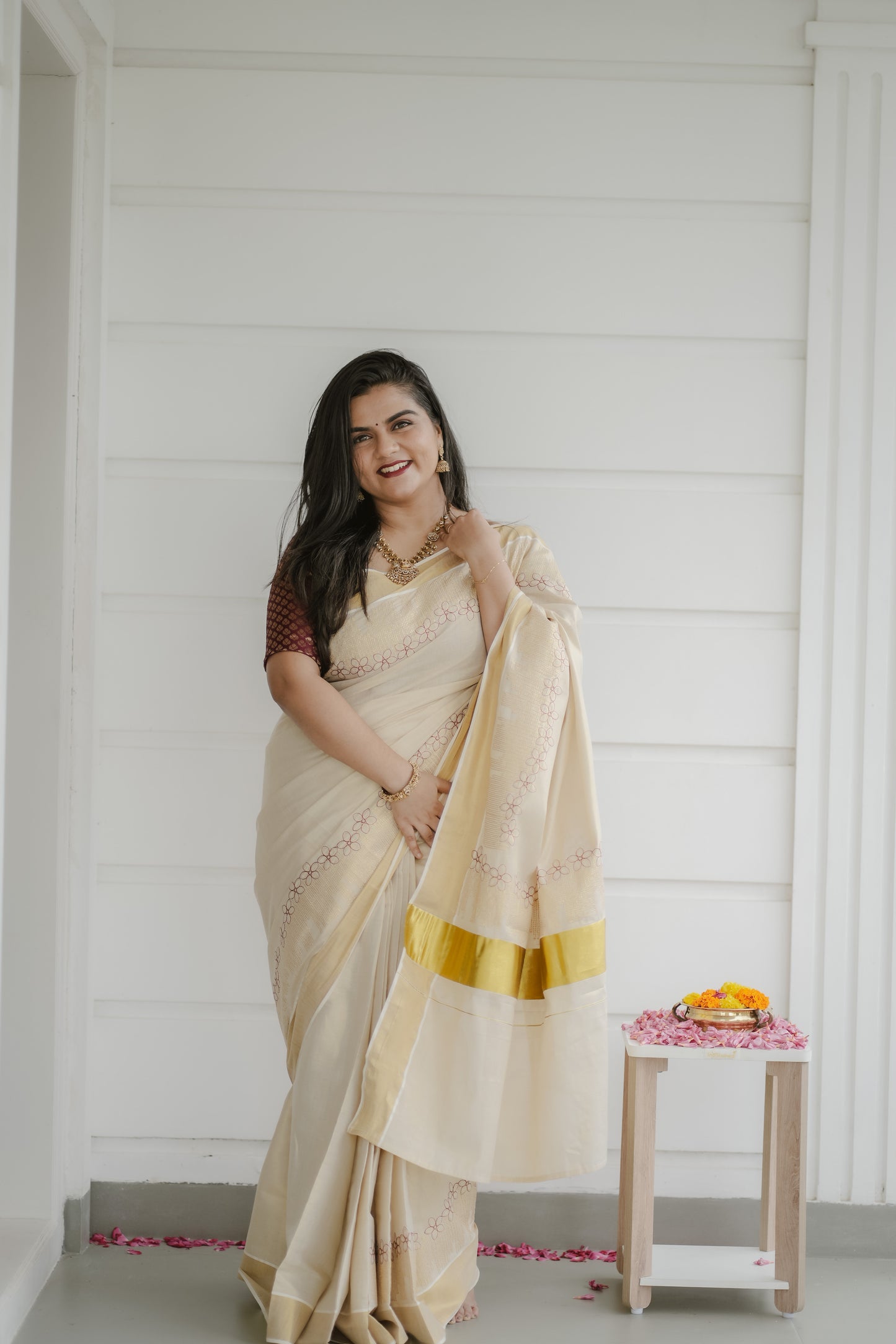 Kerala Kasavu Saree with Subtle Thread Embroidery