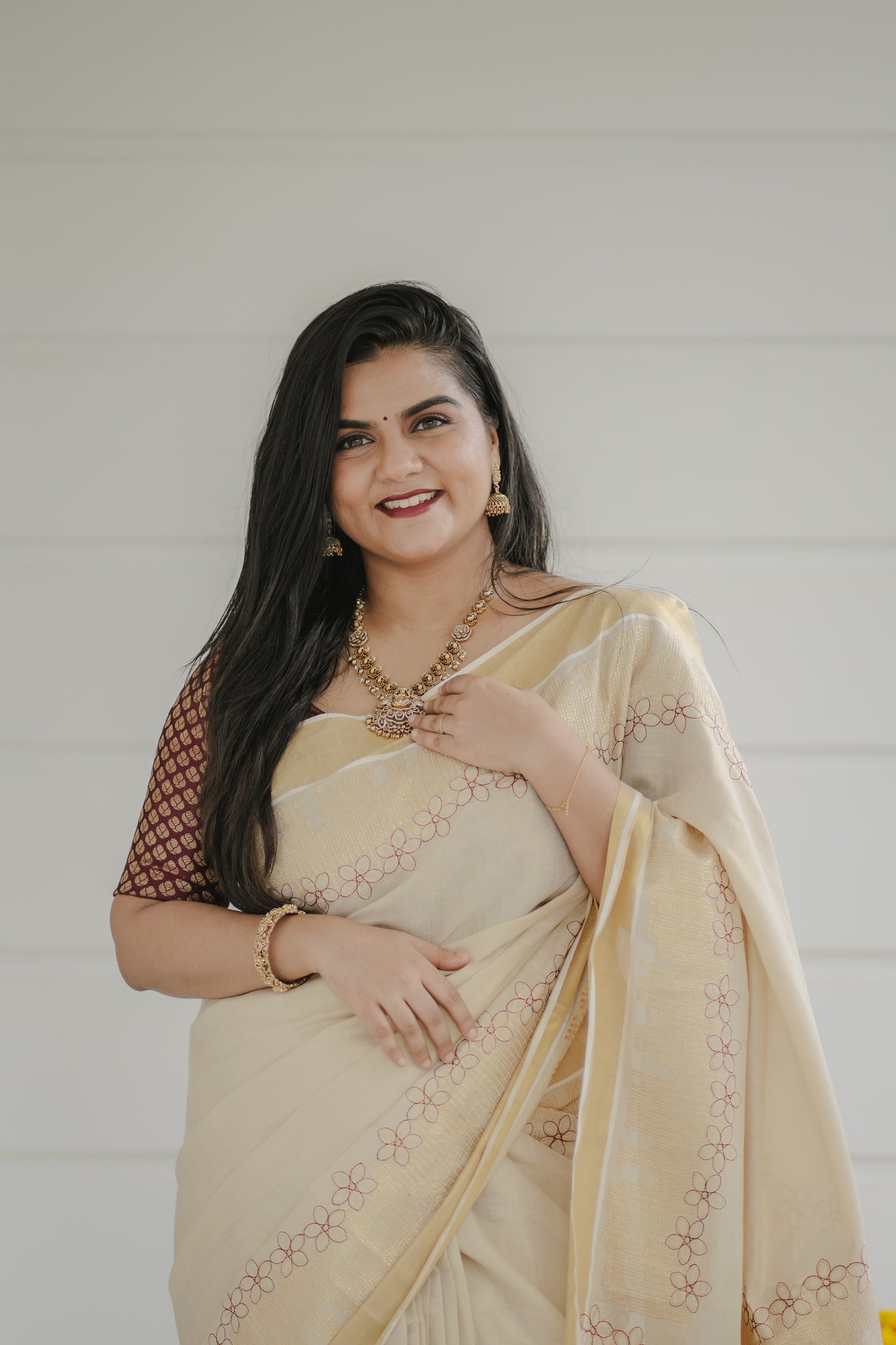 Kerala Kasavu Saree with Subtle Thread Embroidery