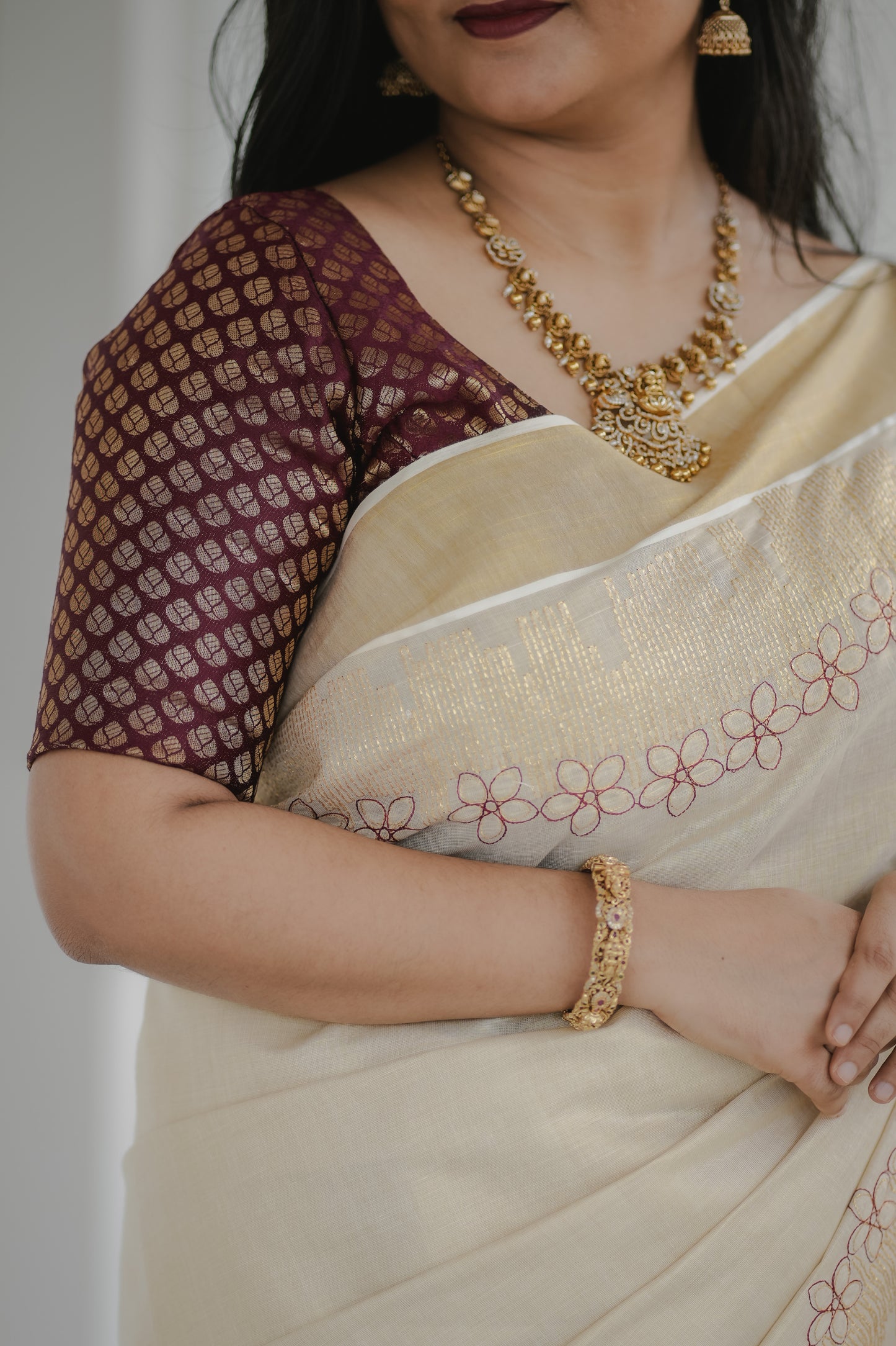 Kerala Kasavu Saree with Subtle Thread Embroidery