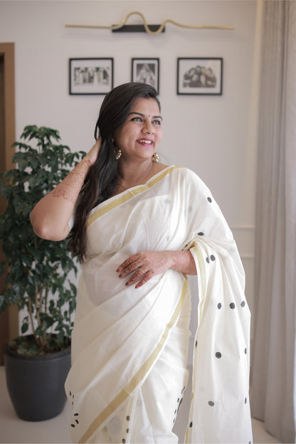 Black Dot Kerala Kasavu Saree