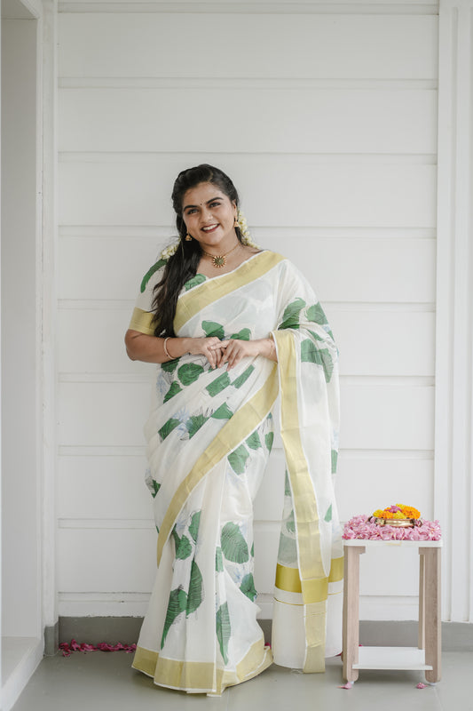 Kerala Kasavu Saree with Leaf Motif