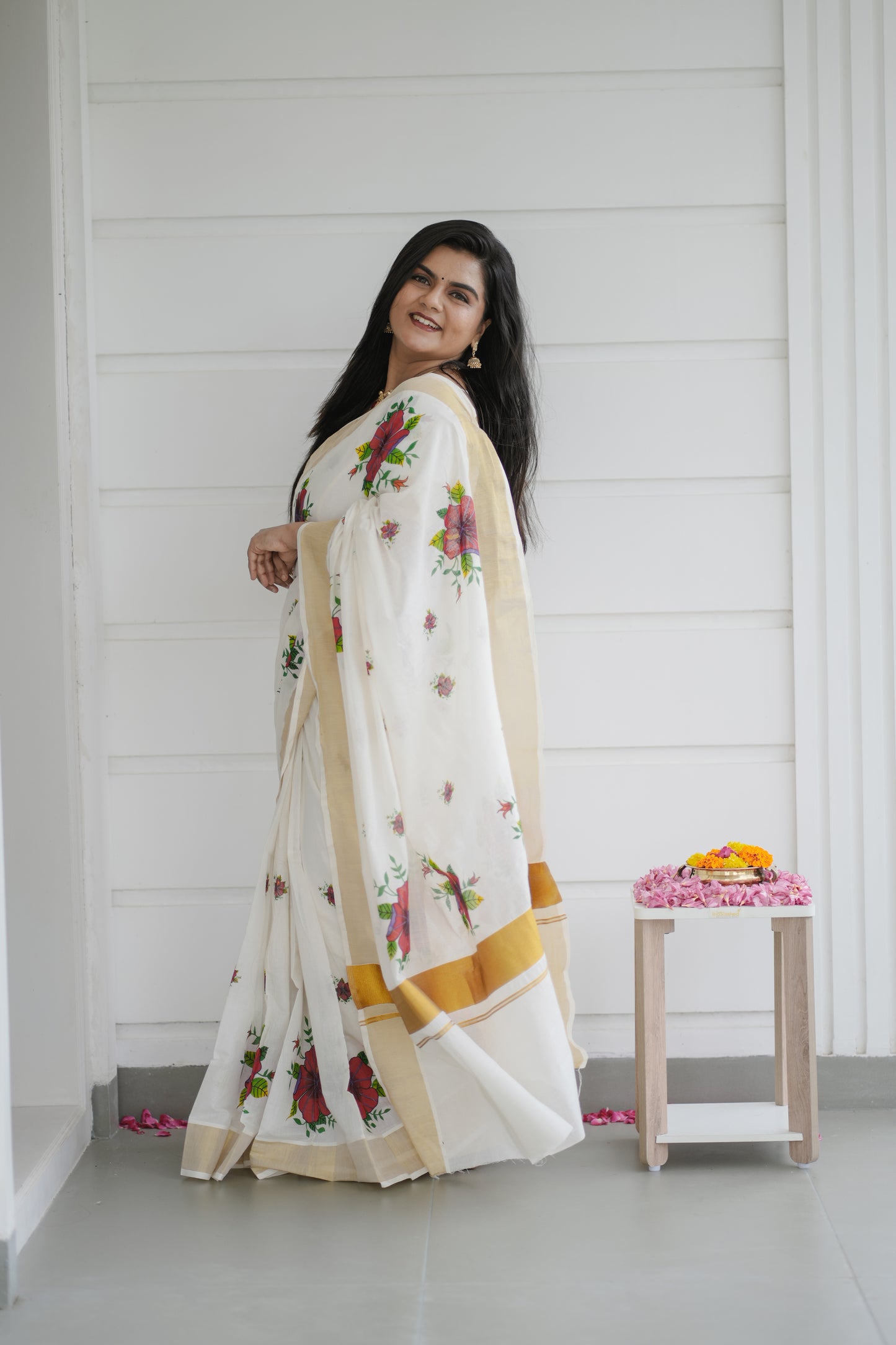 Kerala Kasavu Saree with Red Floral Print