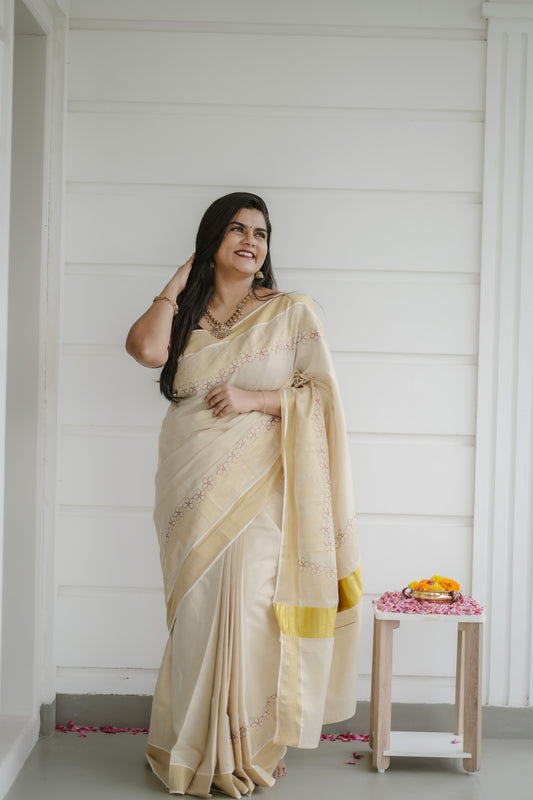 Kerala Kasavu Saree with Subtle Thread Embroidery