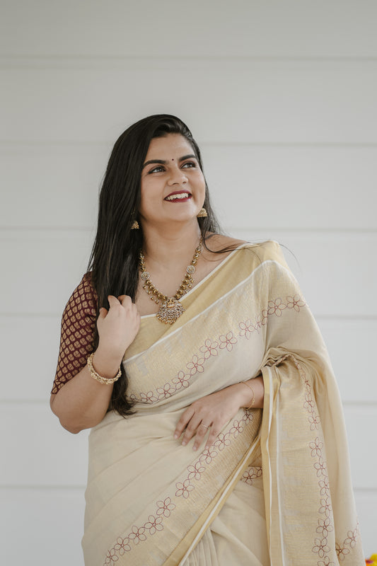 Kerala Kasavu Saree with Subtle Thread Embroidery